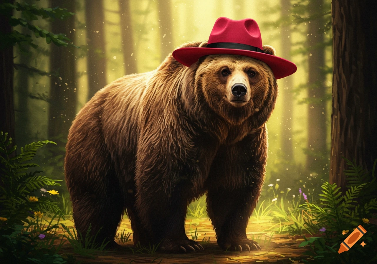 A photorealistic brown bear wearing a bright red fedora hat stands in a sun-dappled forest, looking at the viewer.
