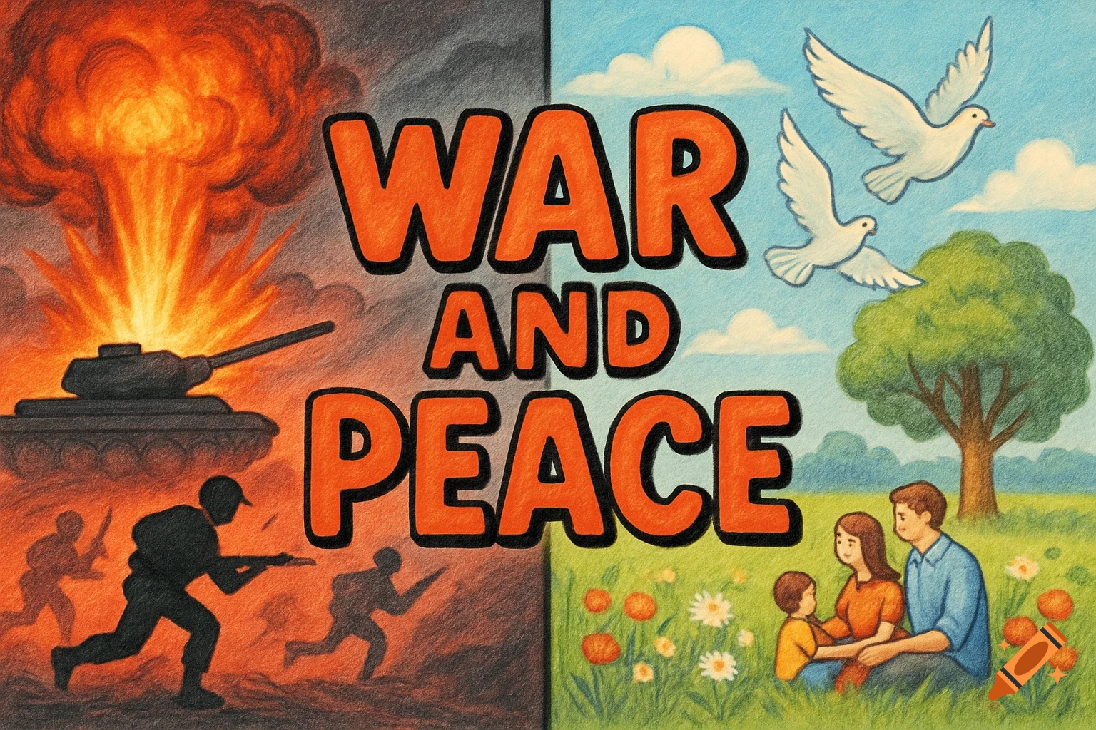 A split illustration with 'WAR AND PEACE' in orange bubble letters. Left: a tank, soldiers, and explosion. Right: a family, doves, and flowers, in a crayon style.