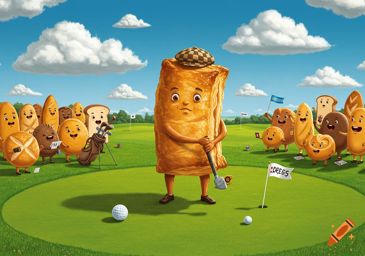 Cartoon illustration of a sausage roll character playing golf on a green course, surrounded by other smiling bread characters.
