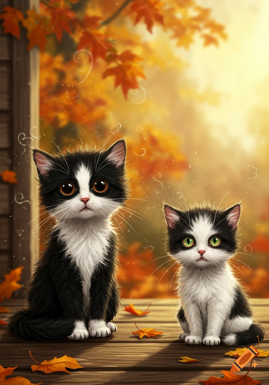 Two cute black and white kittens with large eyes sit on a wooden porch among autumn leaves, bathed in warm golden light.