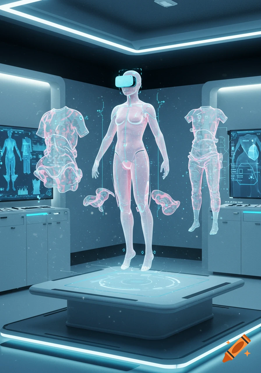 A glowing, translucent human body model with VR goggles in a futuristic lab, surrounded by holographic clothing and data screens.