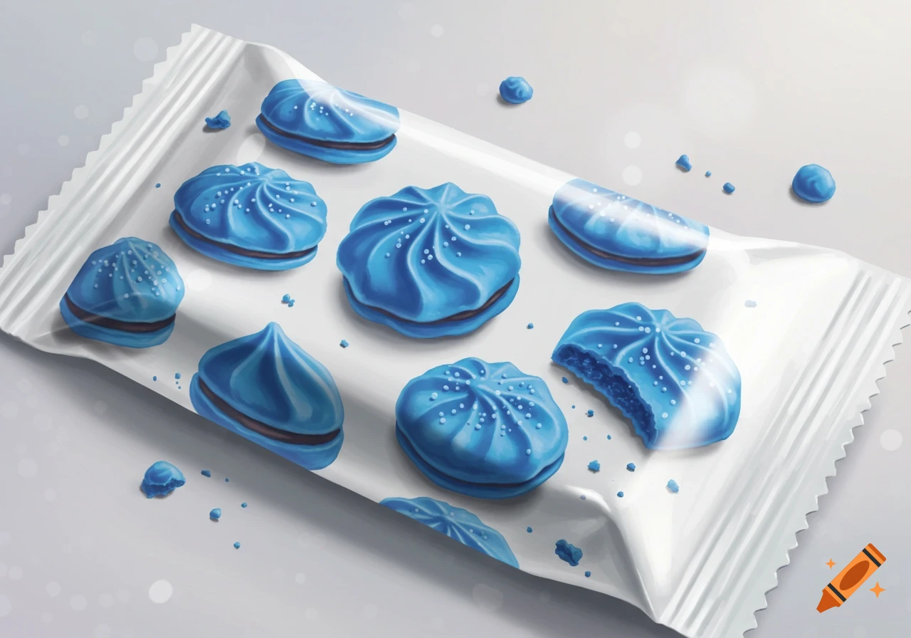 Blue meringue cookies with chocolate filling in a clear plastic package on a light background.