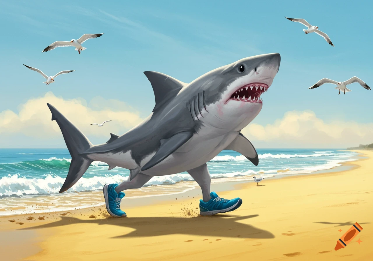 An anthropomorphic shark wearing blue running shoes sprints on a sandy beach next to the ocean, with seagulls flying above. Illustration style.