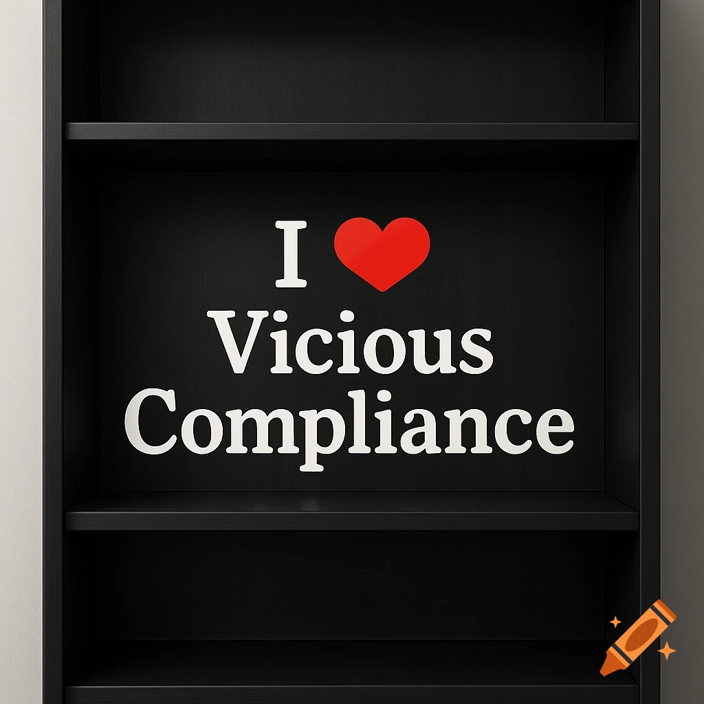 A black empty bookshelf with the phrase 'I ❤️ Vicious Compliance' written in white on the back panel.