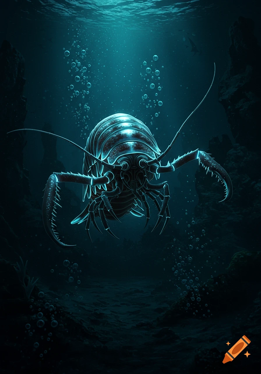 A glowing deep-sea giant isopod with long arms and pinchers swims in a dark blue underwater environment with bubbles.