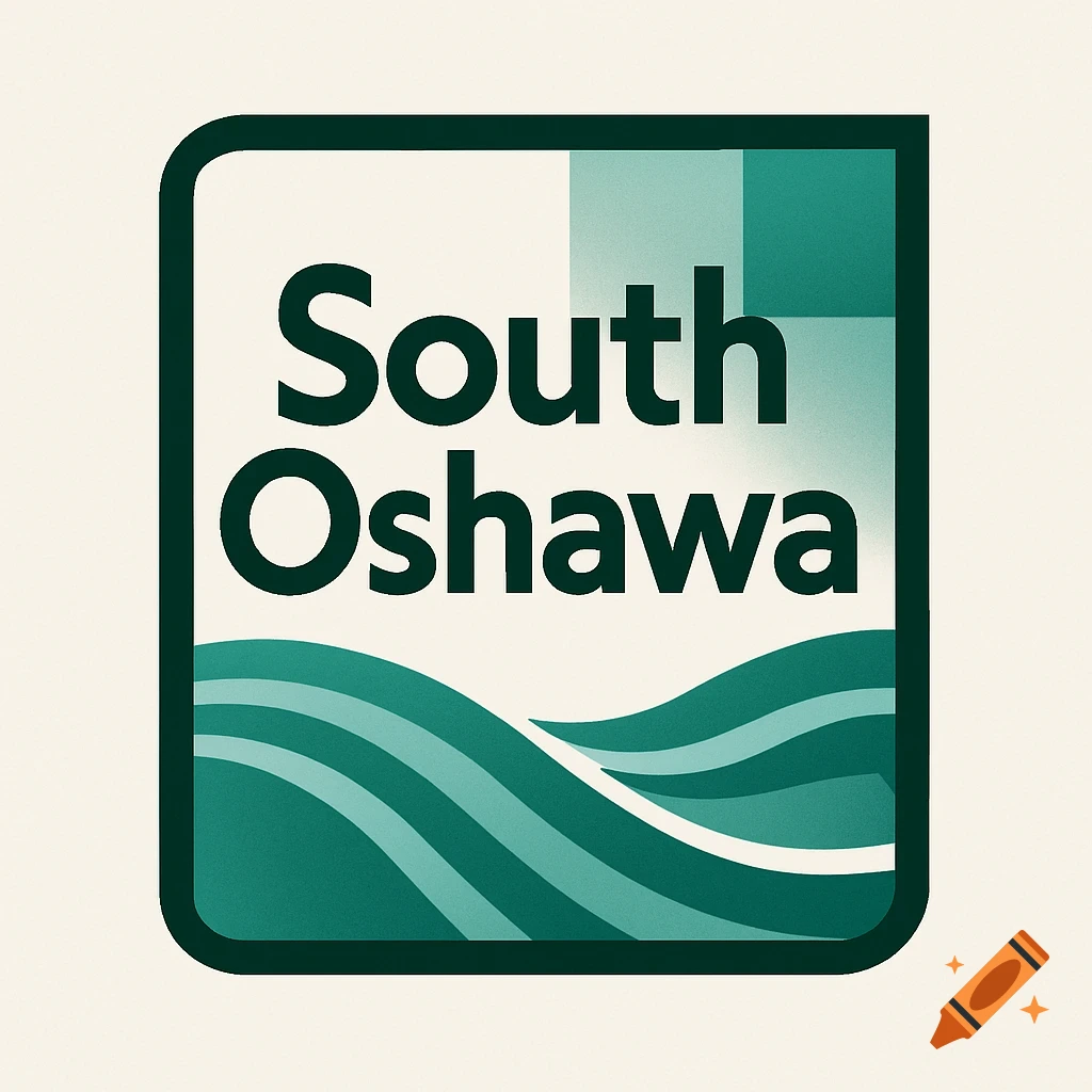 A modern logo for South Oshawa, featuring dark green text over stylized green waves within a rounded square.
