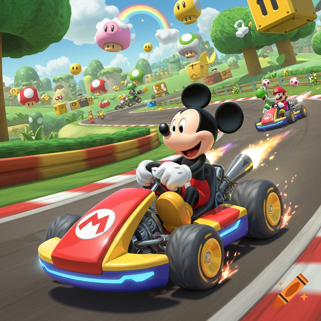 Mickey Mouse drives a red Mario-themed kart on a vibrant Mario Kart race track, with other characters like Mario and Yoshi, power-ups, and a rainbow in the background.