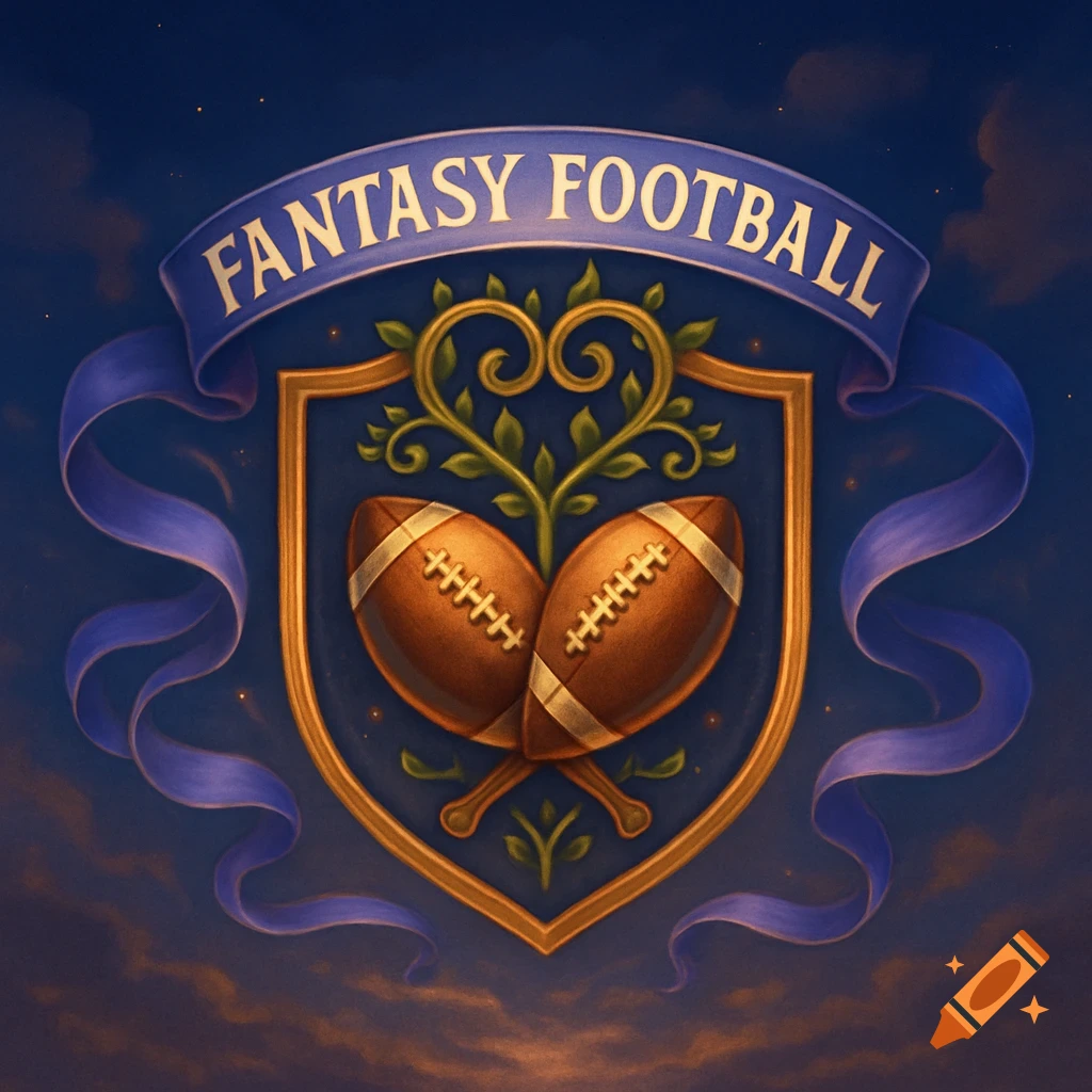 An ornate fantasy football crest with two footballs, leafy heart-shaped scrollwork, and a blue banner reading 'FANTASY FOOTBALL'.