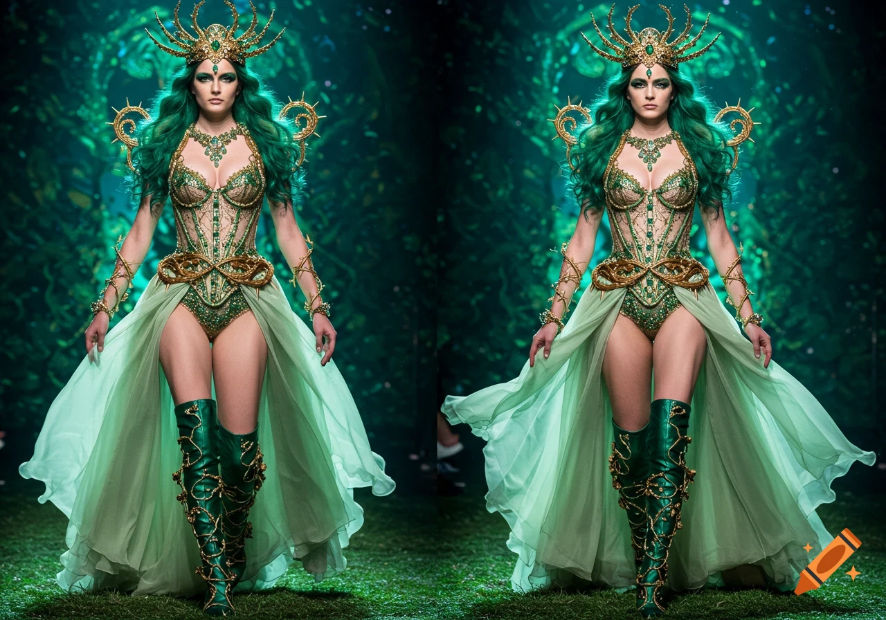 Woman in intricate green and gold fantasy costume with vine details, green hair, and crown, in a lush forest.