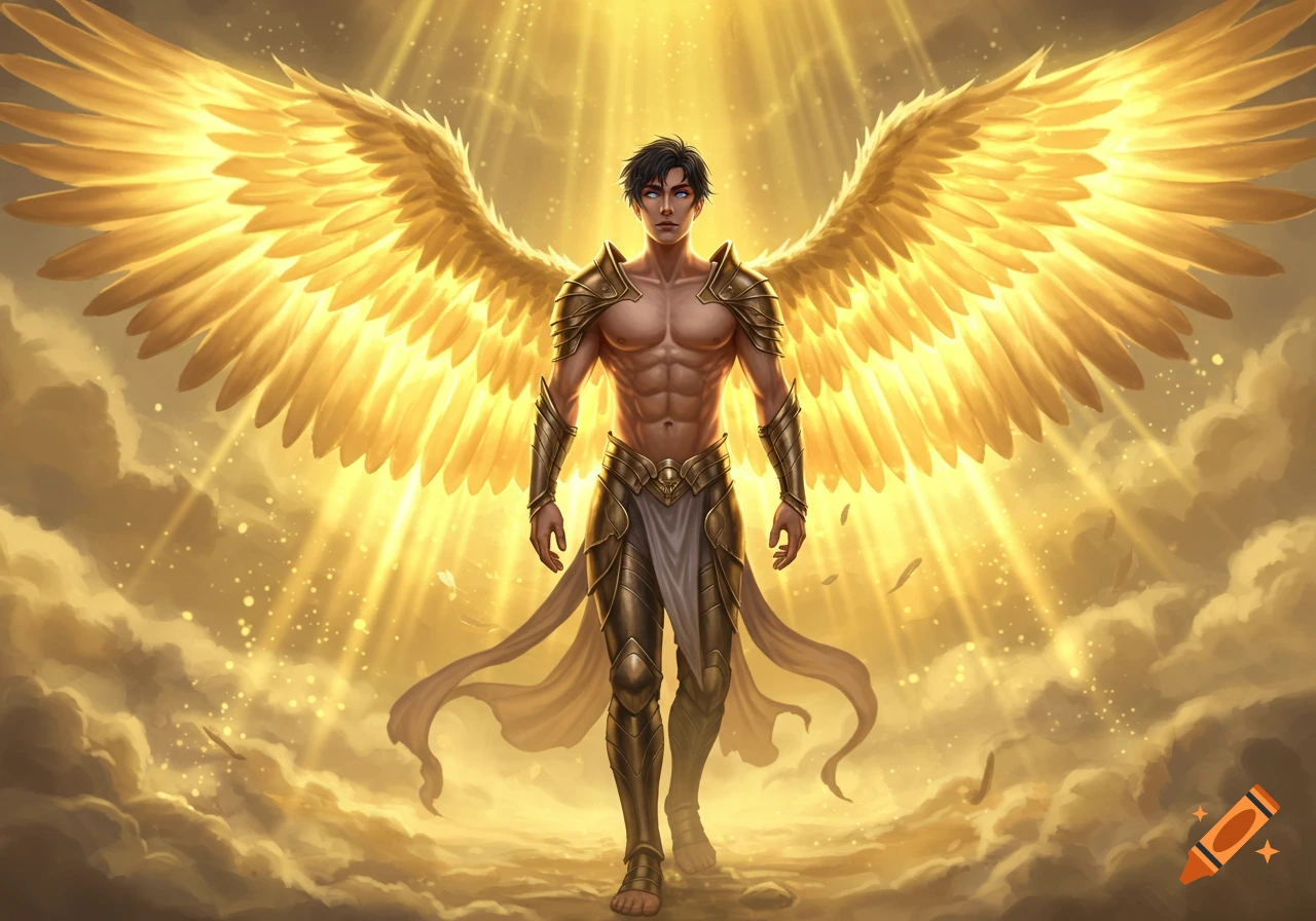 Muscular male angel with large glowing golden wings and gold armor stands in a bright, cloudy sky.