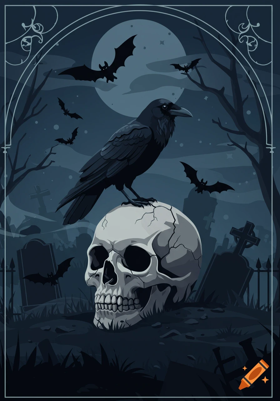 Stylized illustration of a raven perched on a cracked skull in a graveyard, with bats flying under a full moon.