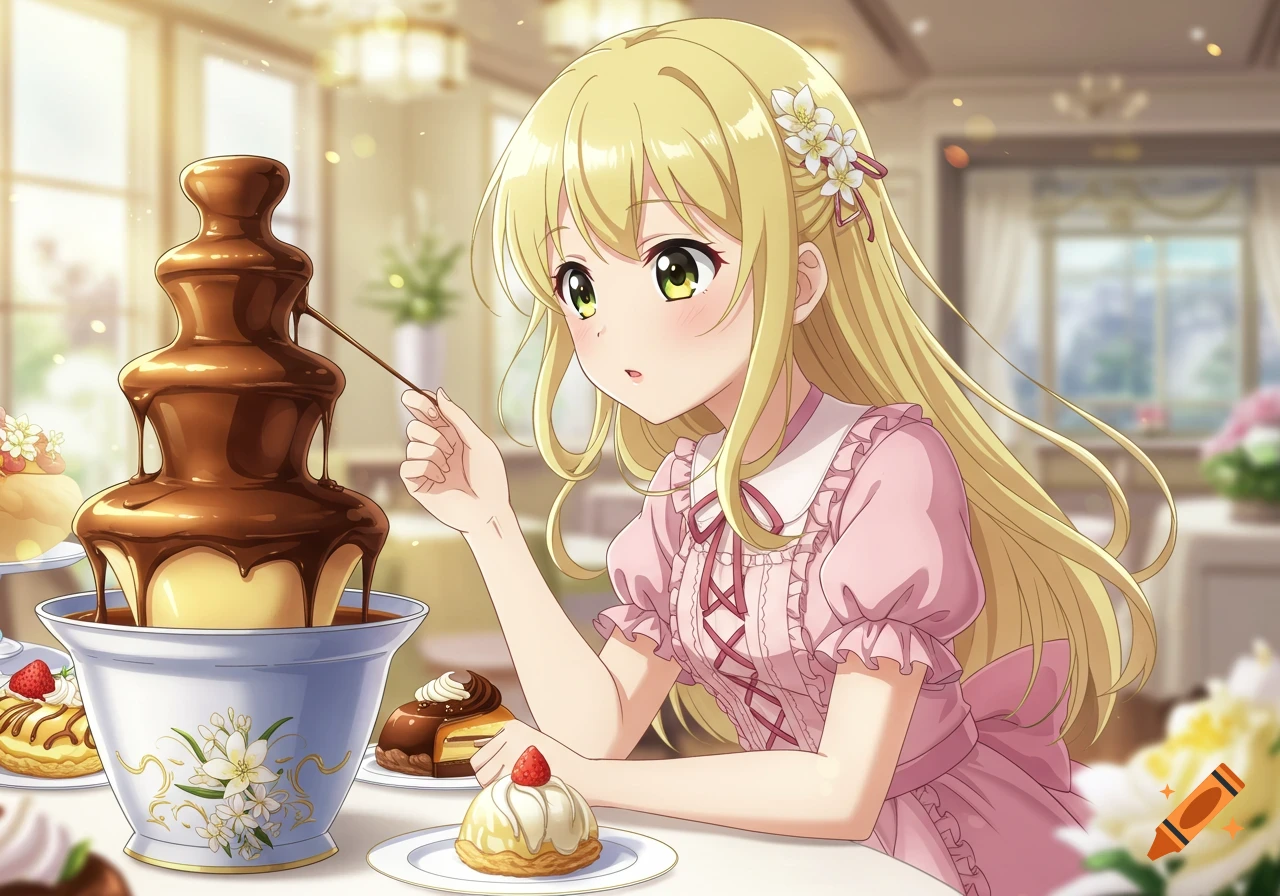 Blonde anime girl dipping a skewer into a flowing chocolate fountain, surrounded by desserts in a sunny cafe.