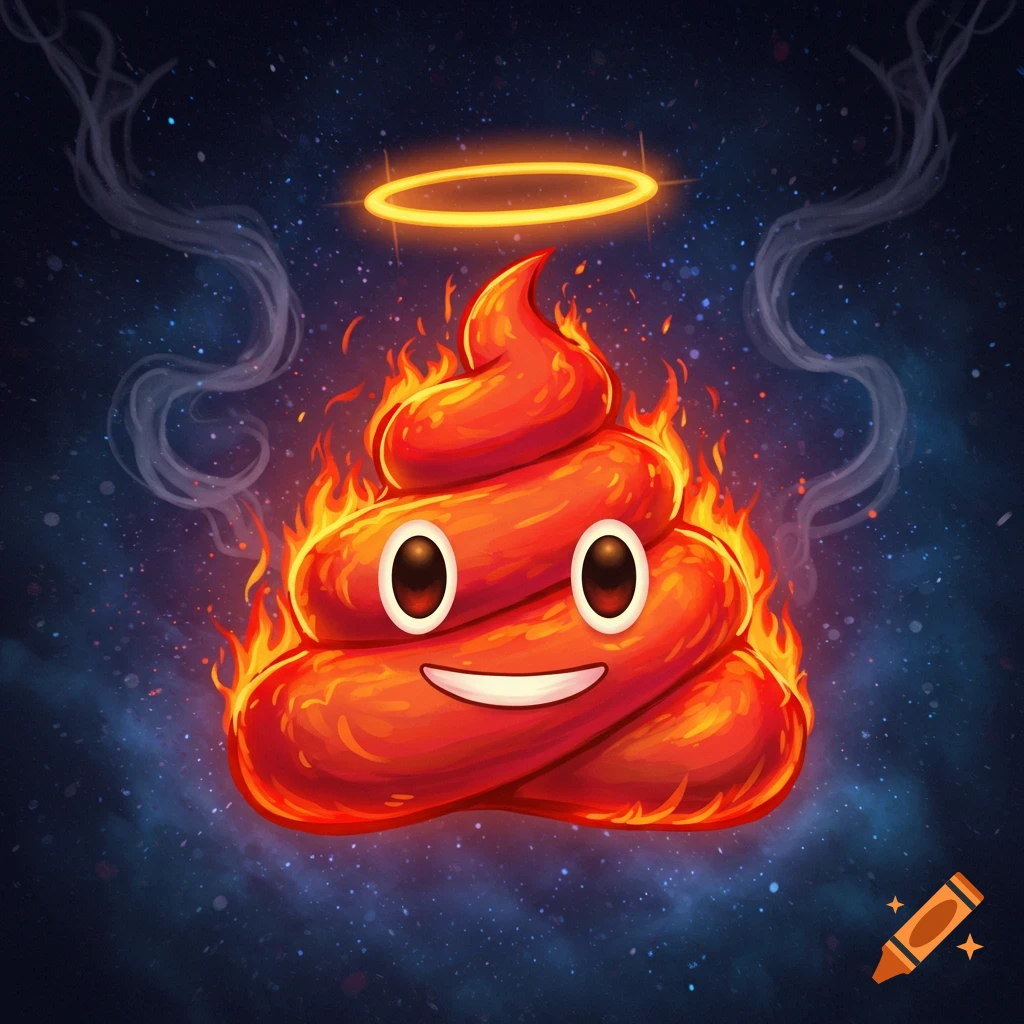 A stylized, flaming poop emoji with a golden halo floats against a dark, starry, cosmic background with wispy smoke.