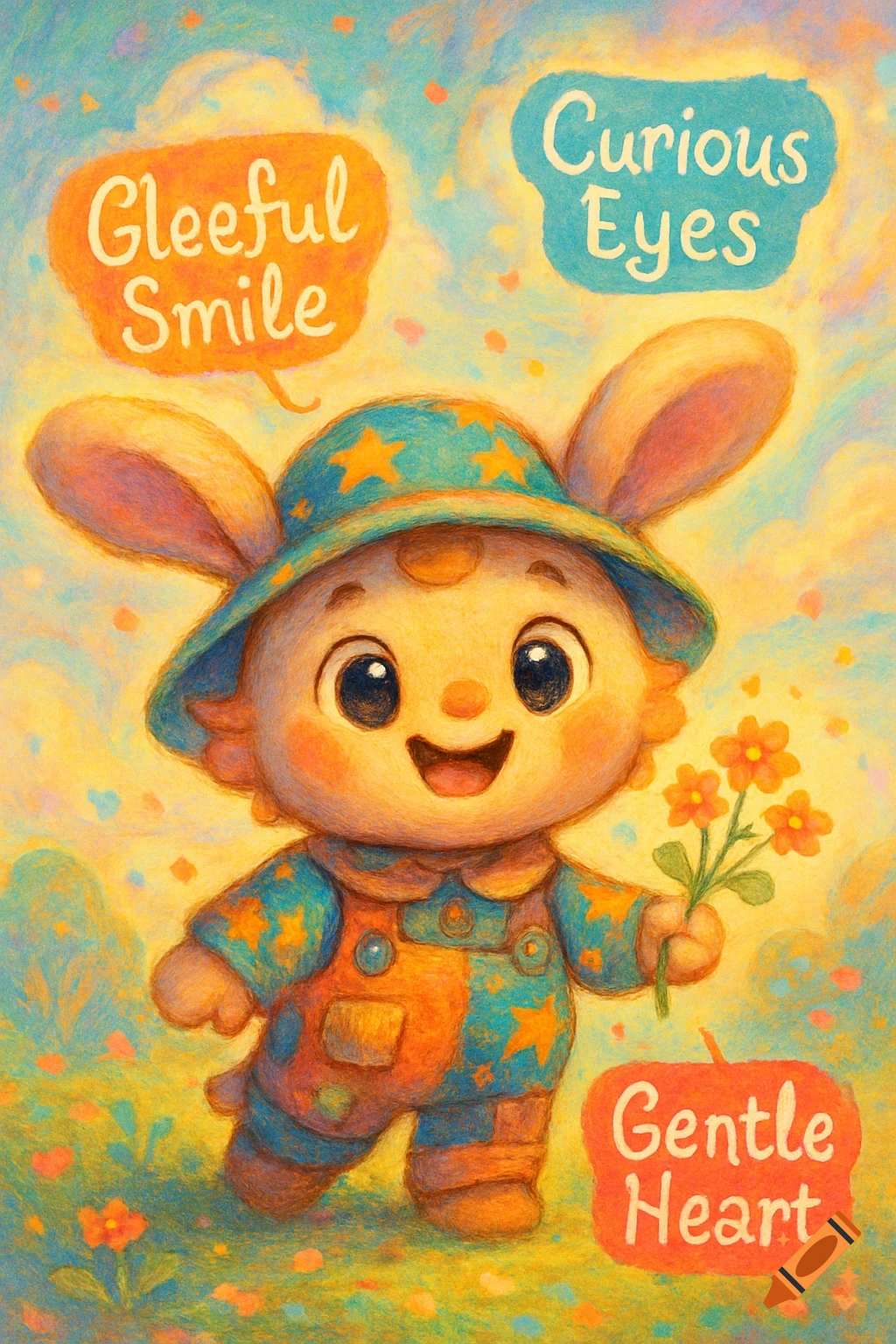 Whimsical illustration of a cute bunny-like character in a hat and overalls, holding flowers, with trait labels.