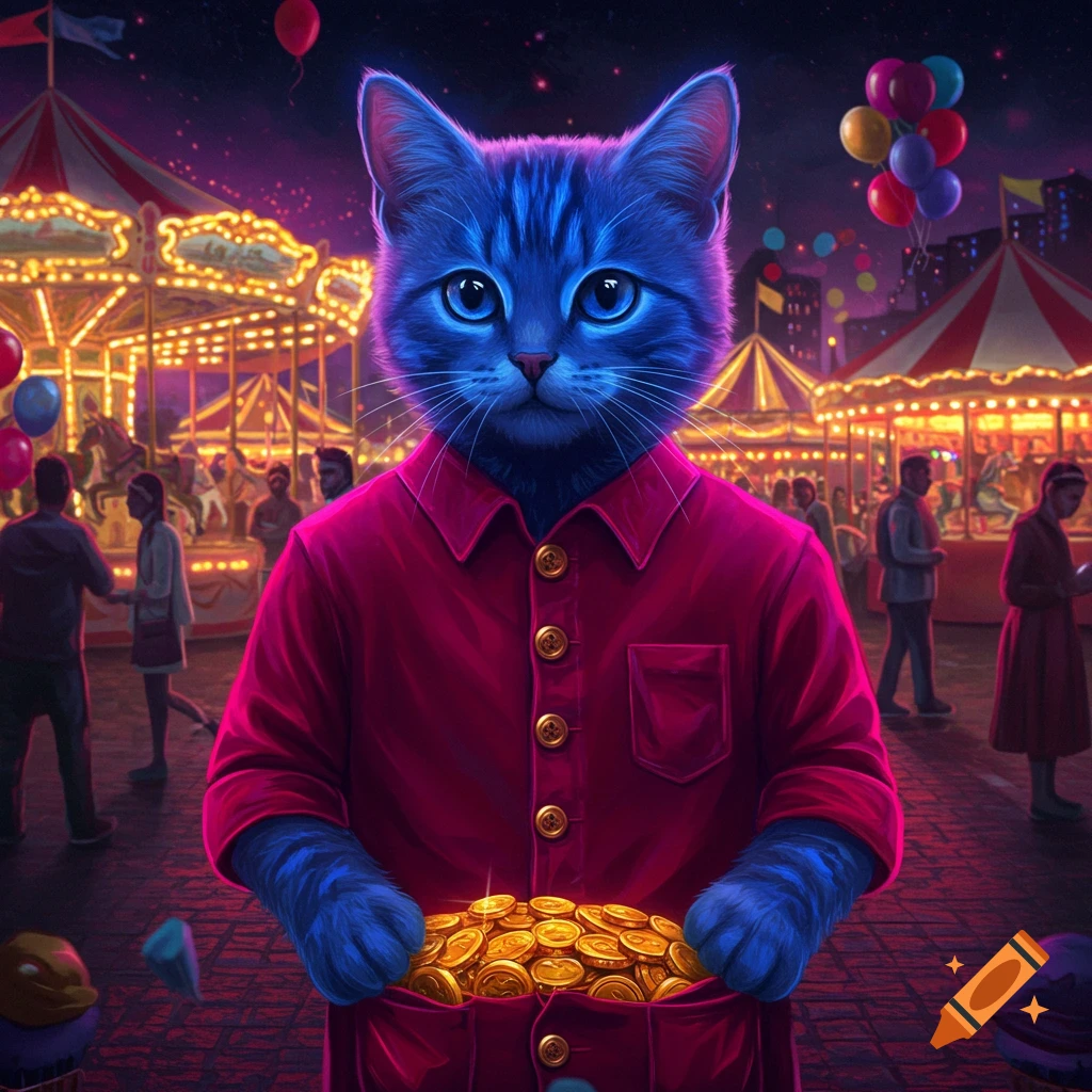 A vibrant blue cat in a red shirt holds gold coins at a neon-lit carnival with a carousel.