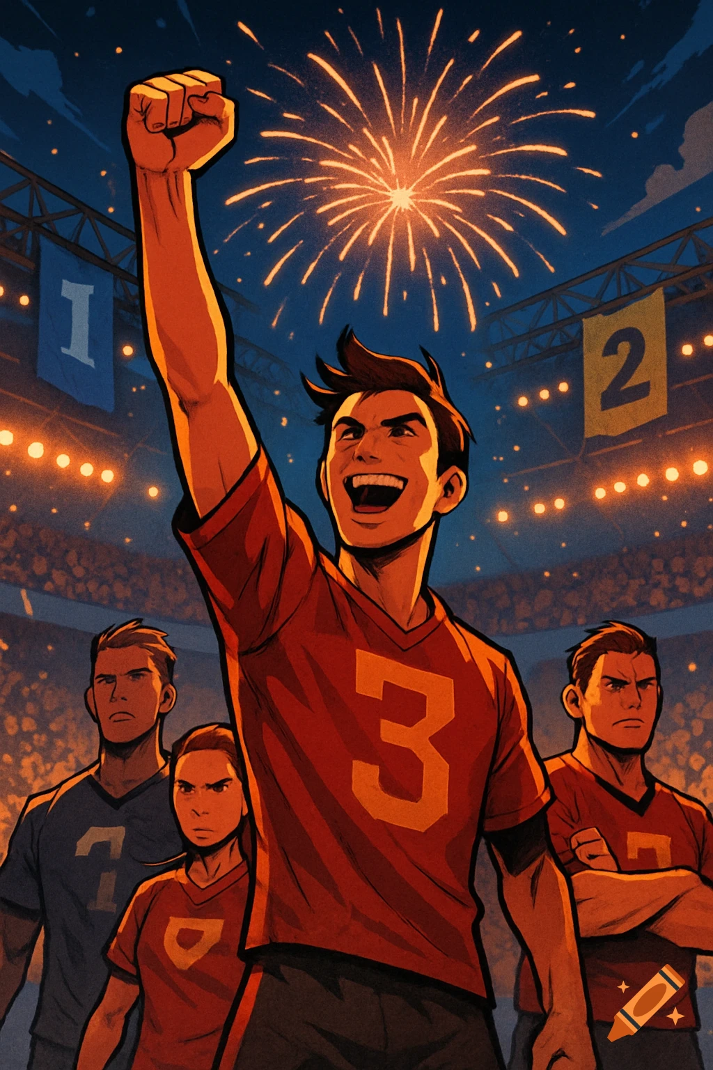 A stylized illustration of a male athlete in a red '3' jersey raising his fist in triumph, with fireworks exploding above a stadium crowd and other athletes nearby.