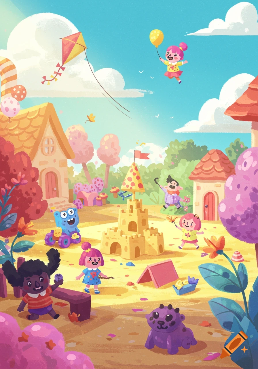 Vibrant cartoon illustration of children and whimsical creatures playing in a colorful village with a sandcastle, kite, and balloon.