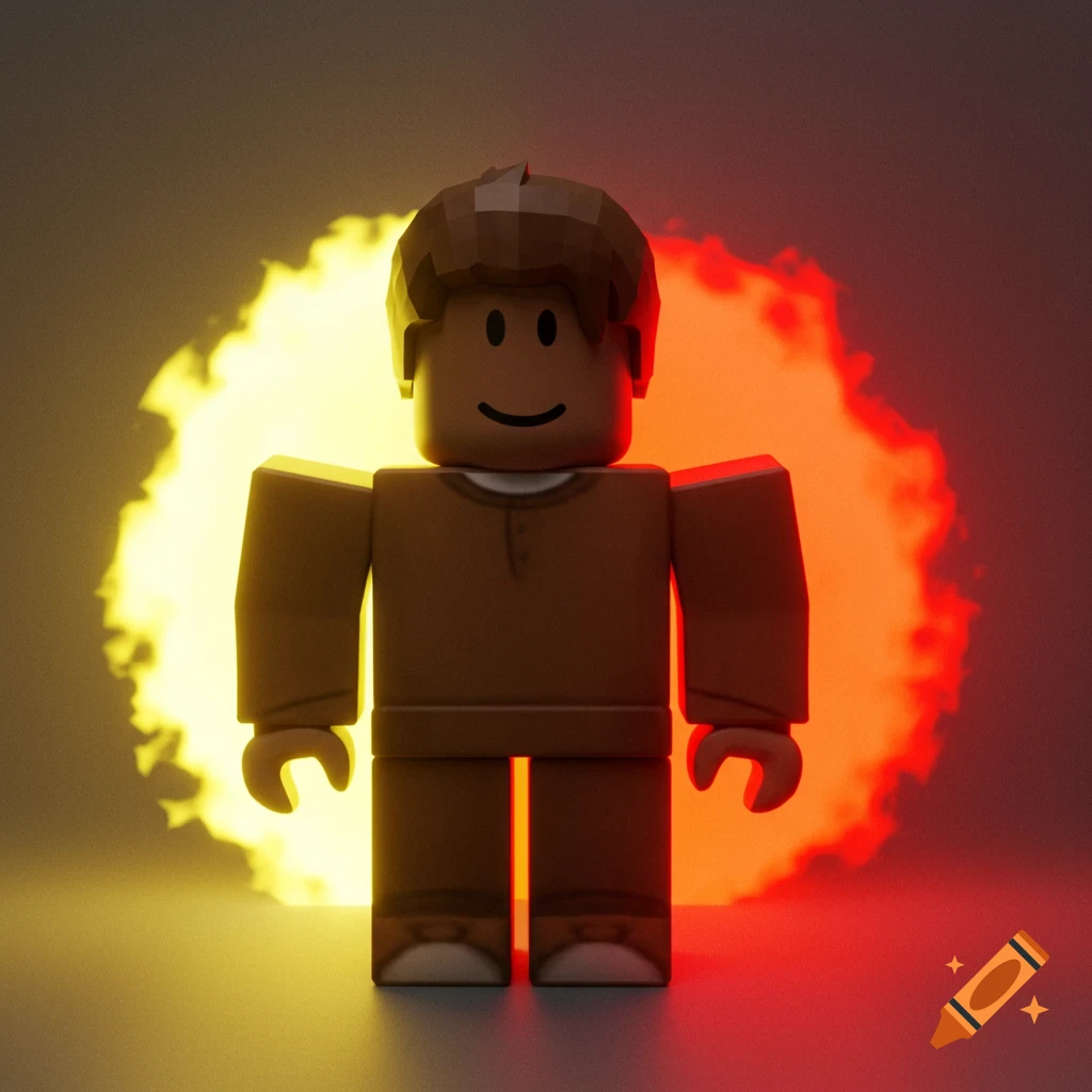 A Roblox-style avatar with brown skin and hair, wearing a brown shirt, standing against a split yellow and red glowing aura.