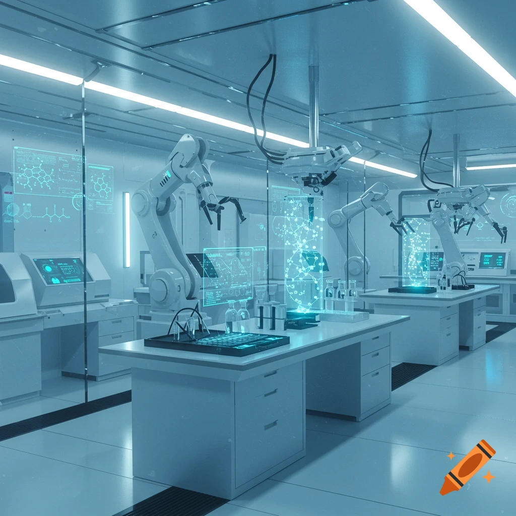 A futuristic, sterile laboratory with white robotic arms, holographic displays showing data, and scientific equipment under bright fluorescent lights.