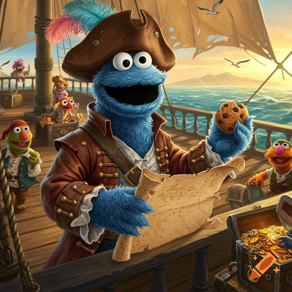 Cookie Monster dressed as a pirate, holding a map and a chocolate chip cookie on a ship's deck with other Muppet pirates, stylized art.
