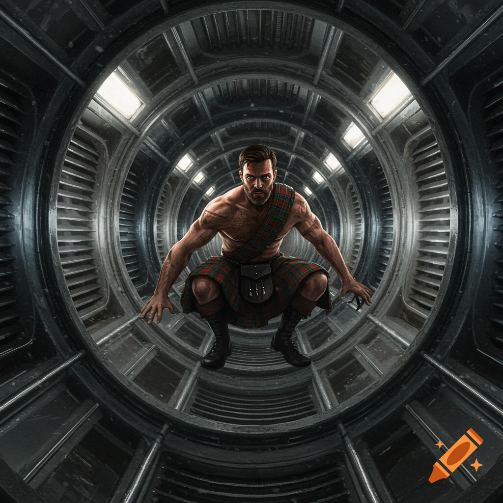 Muscular Scottish man in a kilt squats in a futuristic metal tunnel, looking intensely forward.