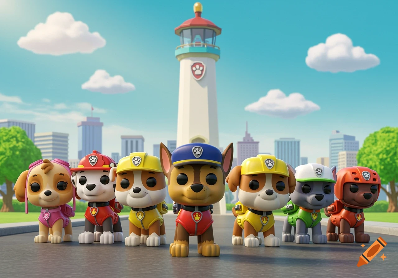 Paw Patrol Funko Pop characters Skye, Marshall, Rubble, Chase, Rocky, and Zuma standing on a road in front of a city and lighthouse.