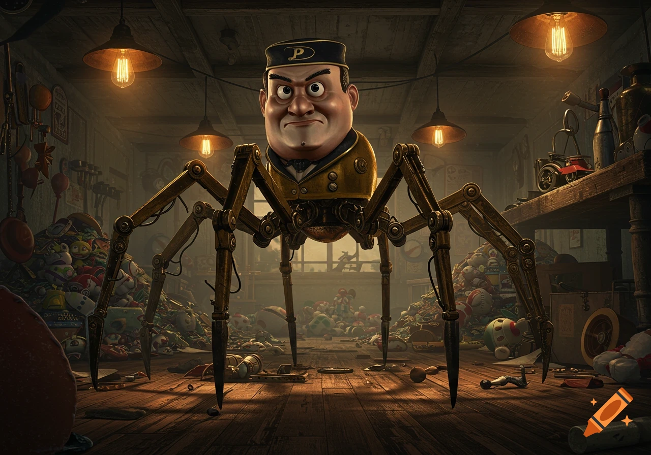 Purdue Pete's head on a mechanical spider body in a dimly lit, cluttered workshop filled with old toys. CGI style.