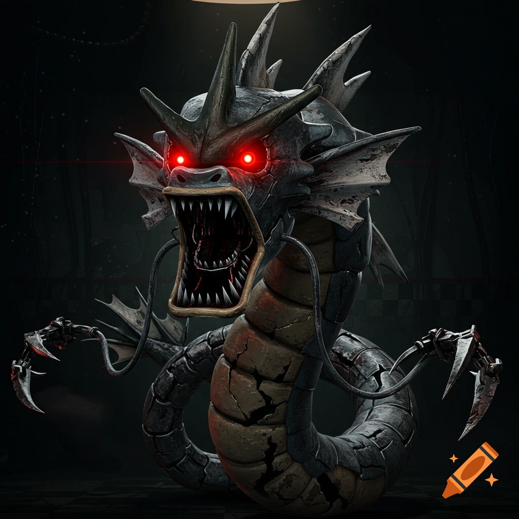 A menacing, cracked metallic Gyarados animatronic with glowing red eyes, sharp teeth, and mechanical claws in a dark setting.