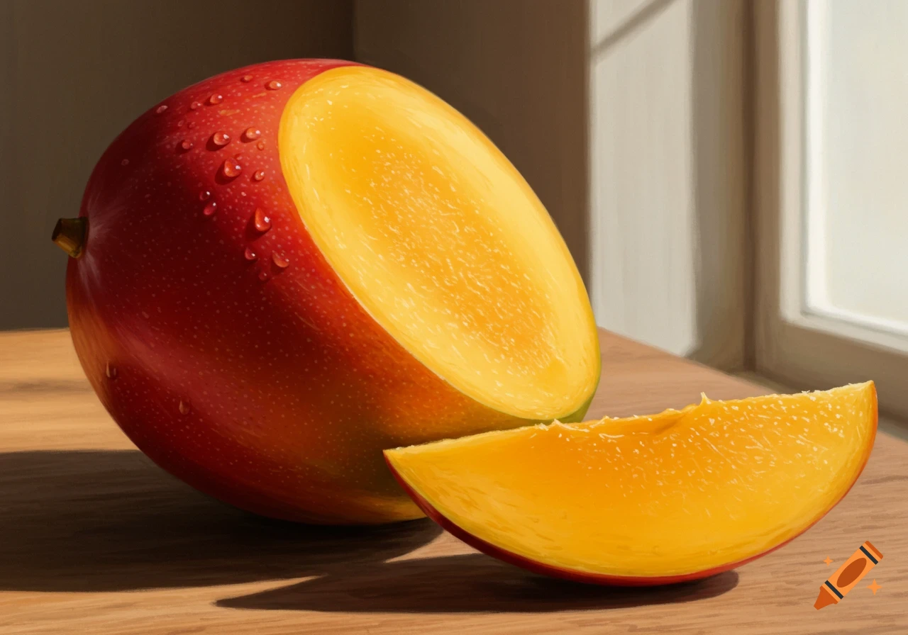 A photorealistic image of a red and yellow mango, half-sliced with water droplets, on a wooden table next to a window.