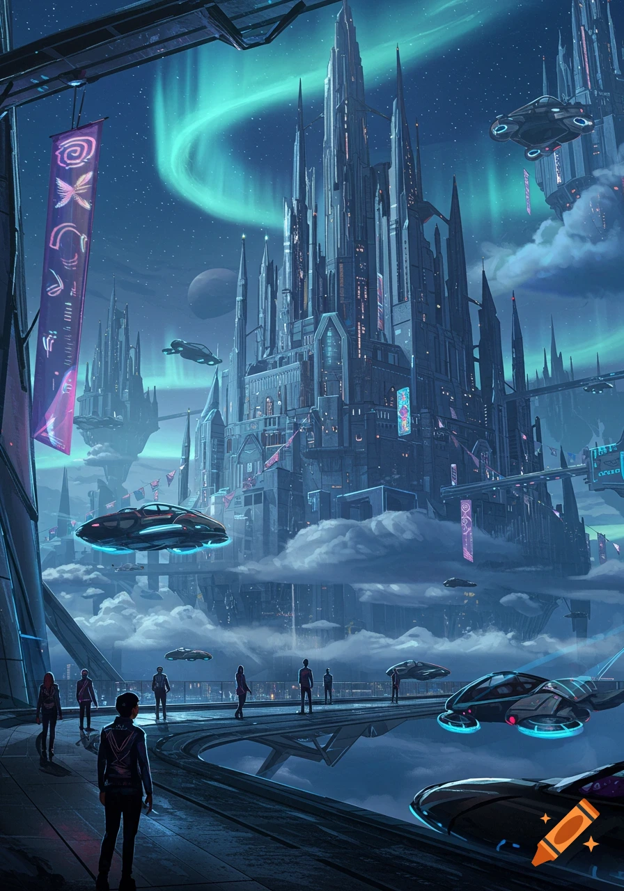 A futuristic cityscape with glowing castle-like buildings, flying vehicles, and an aurora in the night sky.