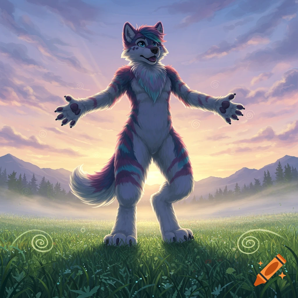A colorful furry wolf character with arms open stands in a misty, dewy green field at sunset, with mountains in the background.