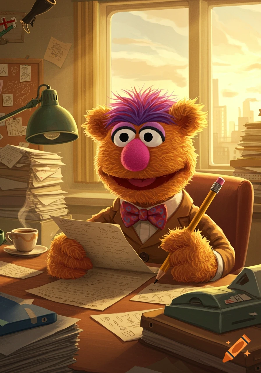 A Muppet-like character in a suit and bow tie sits at a desk in an office, writing on papers with a pencil, bathed in warm light.