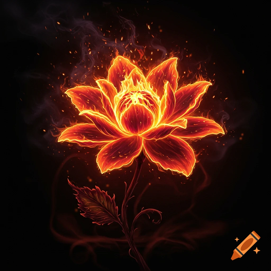 A vibrant red and orange flower made of flames, with glowing embers and smoke, on a dark background.