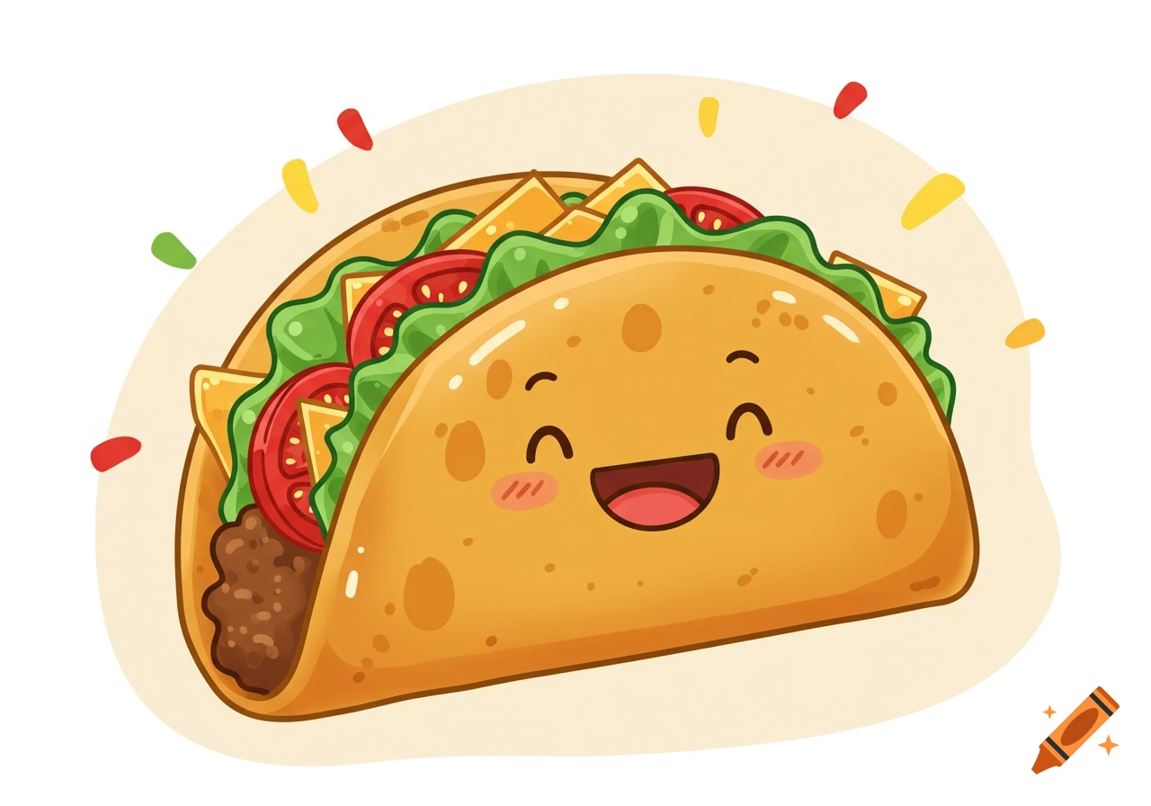 A happy, cartoon-style taco with a laughing expression, filled with meat, cheese, lettuce, and tomatoes, on a light background.