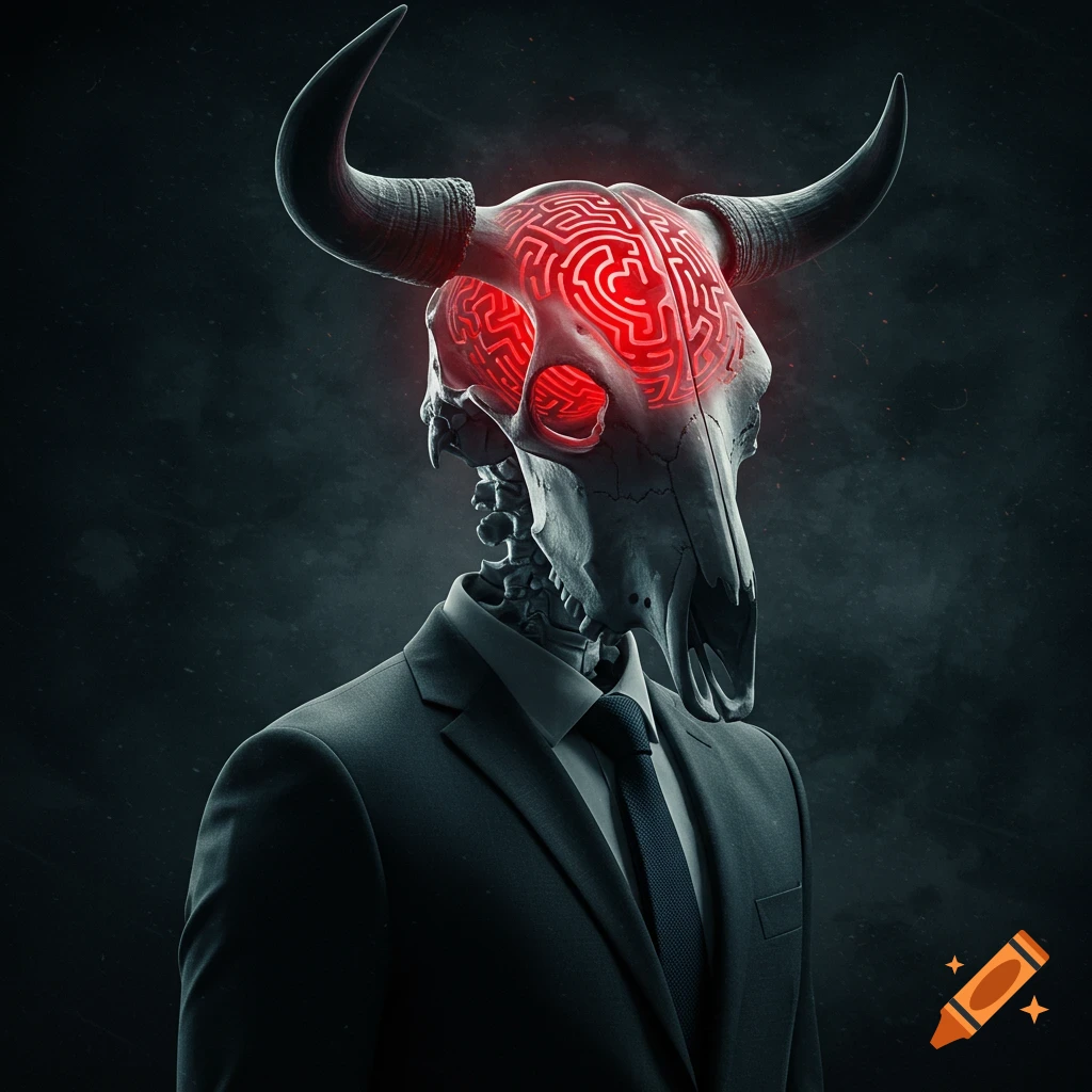 Surreal figure in a dark suit with a bull skull head. A glowing red labyrinth forms the brain within the skull. Dark background.