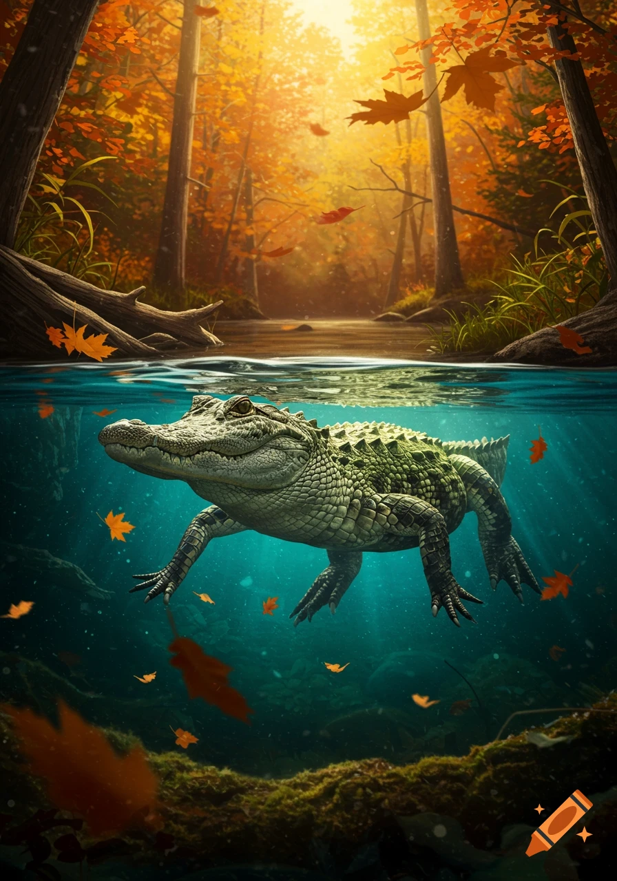 A photorealistic alligator swims in a clear river, surrounded by autumn leaves, with a vibrant fall forest above.