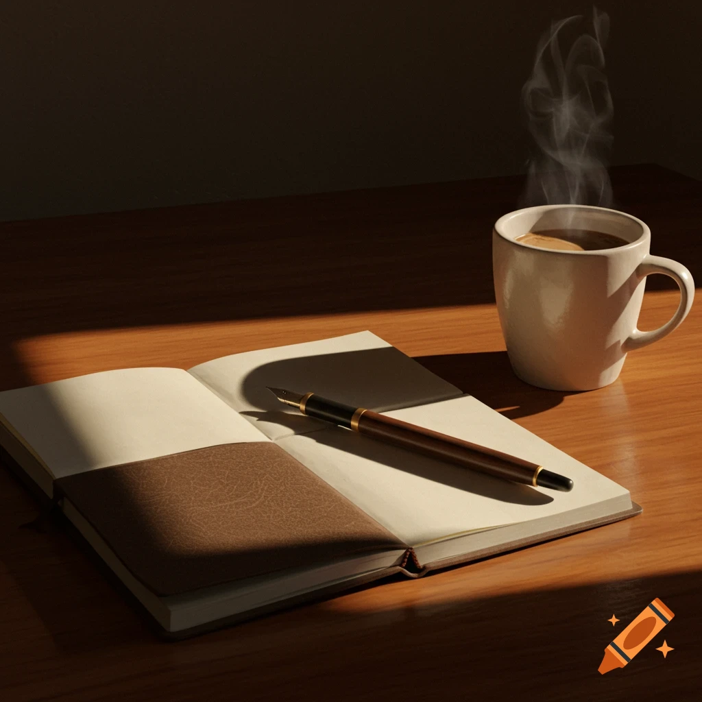 A close-up, photorealistic shot of an open journal with a pen, next to a steaming coffee cup on a wooden table, lit by warm light.