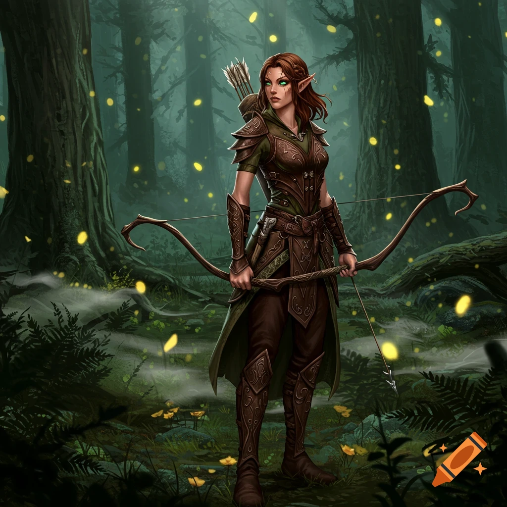 A female elf archer with a bow stands in a dark, magical forest with glowing yellow flora, digital art.