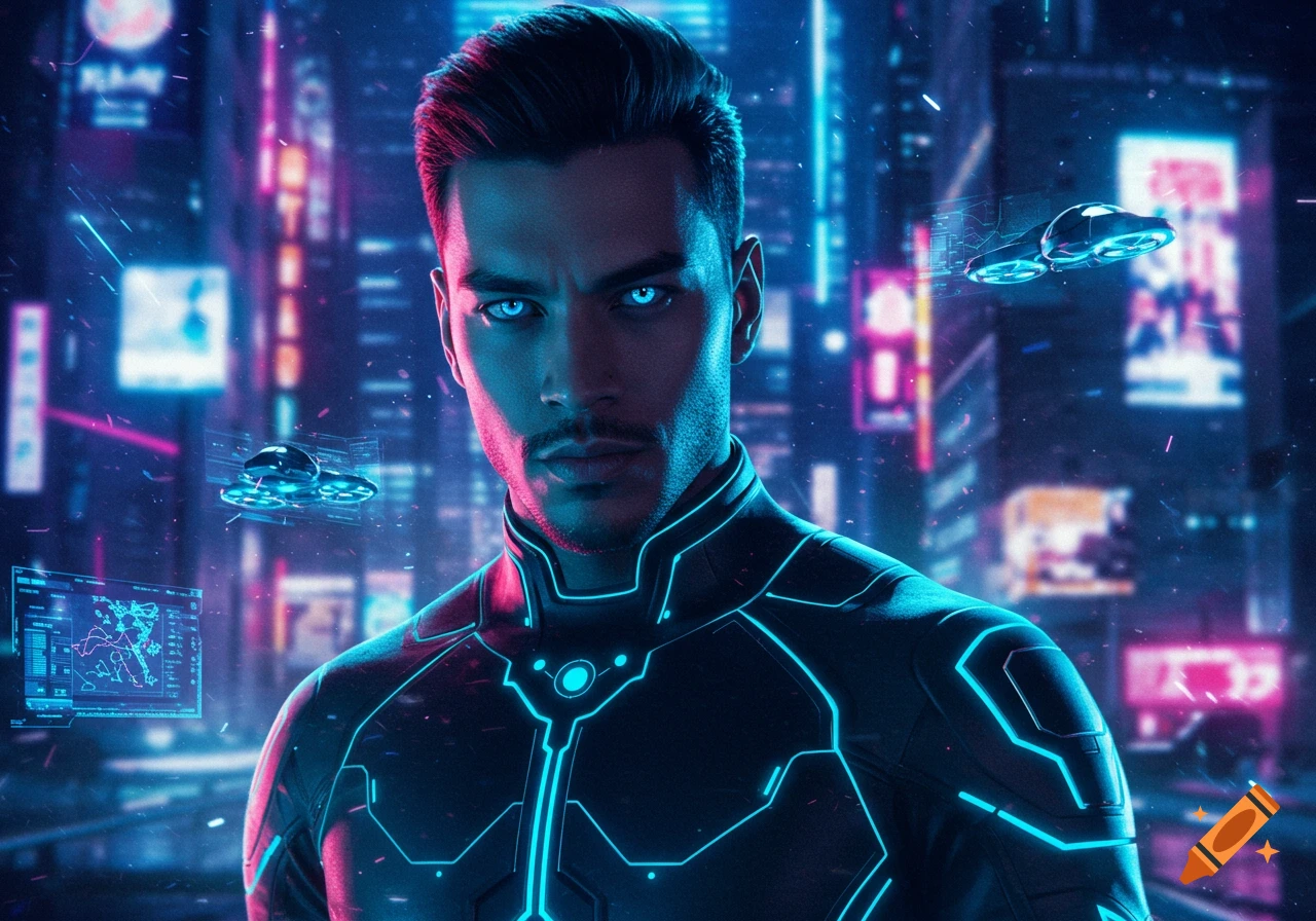 Close-up portrait of a futuristic man with glowing blue eyes and a neon suit, standing in a cyberpunk city with flying vehicles.