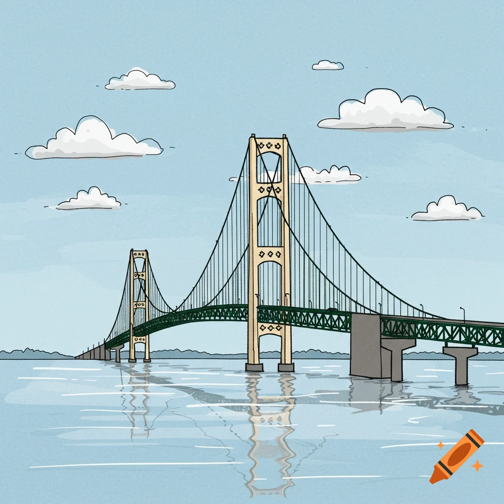 A cute, simple hand-drawn illustration of the Mackinac Bridge spanning across water under a blue sky with clouds.