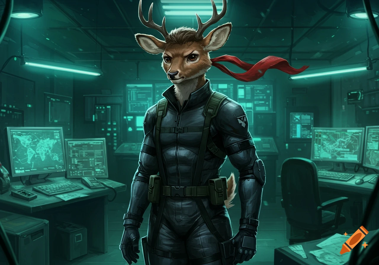 An anthropomorphic deer character with antlers and a red scarf, dressed in a black tactical stealth suit, stands in a futuristic control room with multiple glowing green computer screens displaying data and maps.