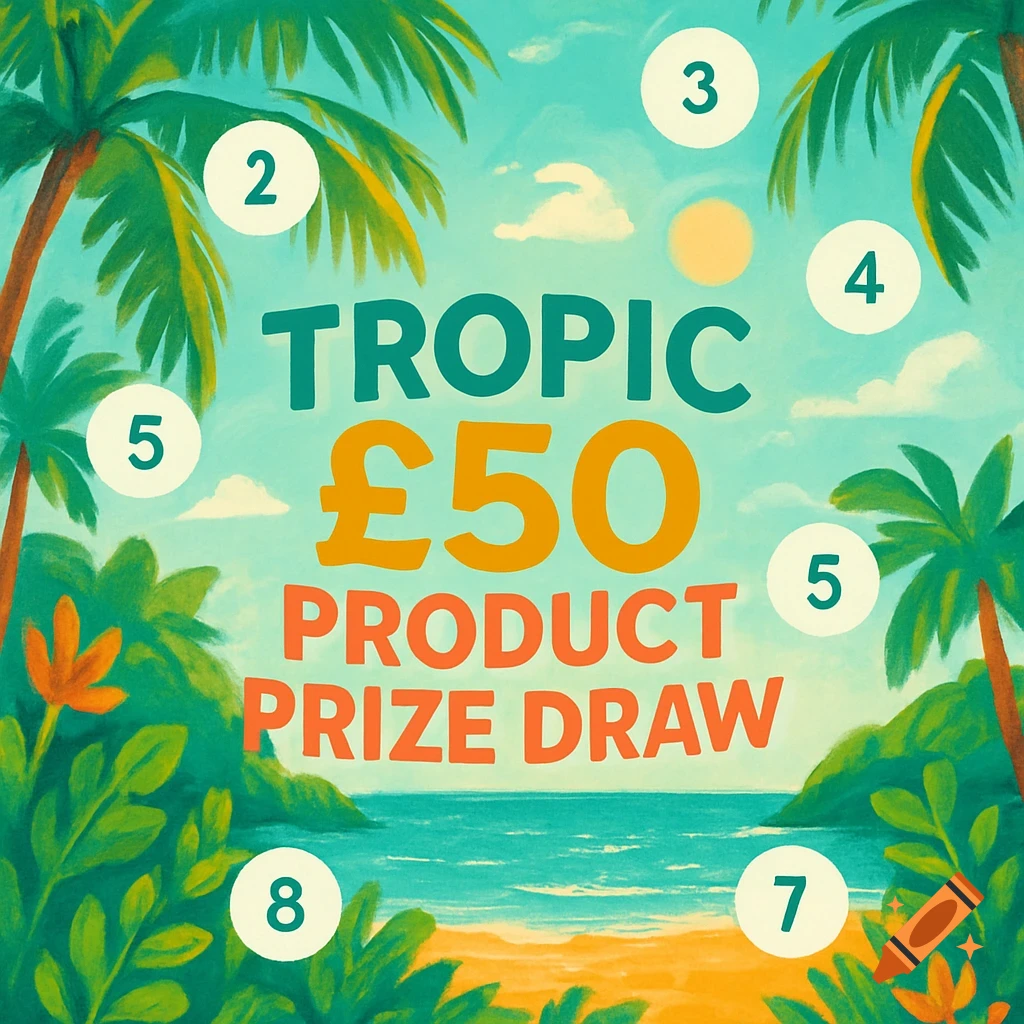 Colorful illustration of a tropical beach with palm trees, ocean, sand, and text 'TROPIC £50 PRODUCT PRIZE DRAW' with various numbers.