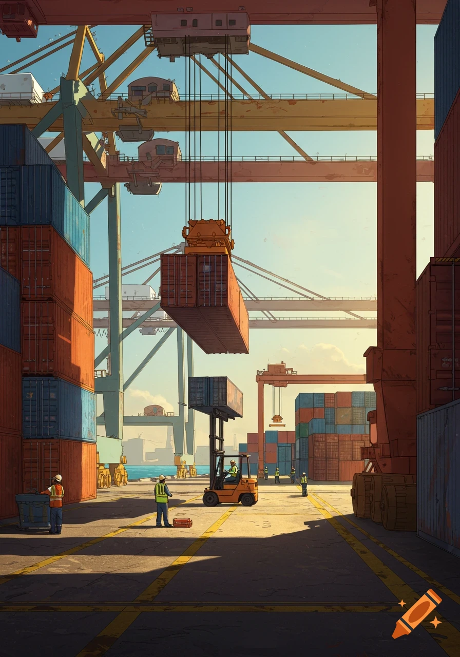 Stylized illustration of a busy shipping port with large cranes lifting containers, forklifts, and workers on a sunny day.