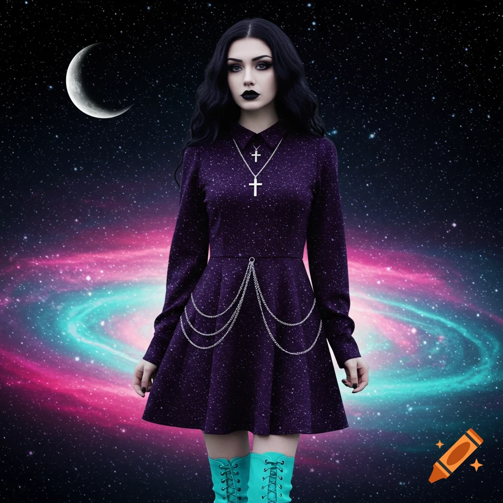 A woman with dark hair and black lipstick, wearing a dark purple glittery dress with silver chains and cross necklaces, and bright cyan boots, stands against a vibrant galaxy background with a crescent moon.