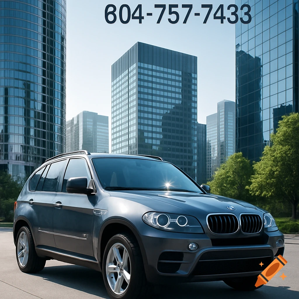 A grey BMW SUV parked on a city street with tall buildings in the background and a phone number overhead.