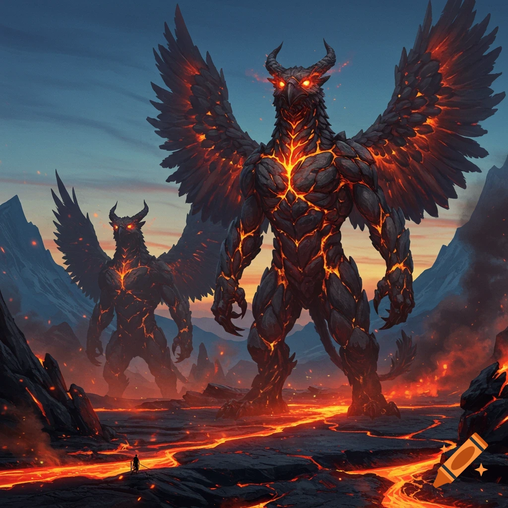 Two colossal winged rock and lava creatures loom over a volcanic landscape with flowing lava. A tiny human stands below them at dusk.