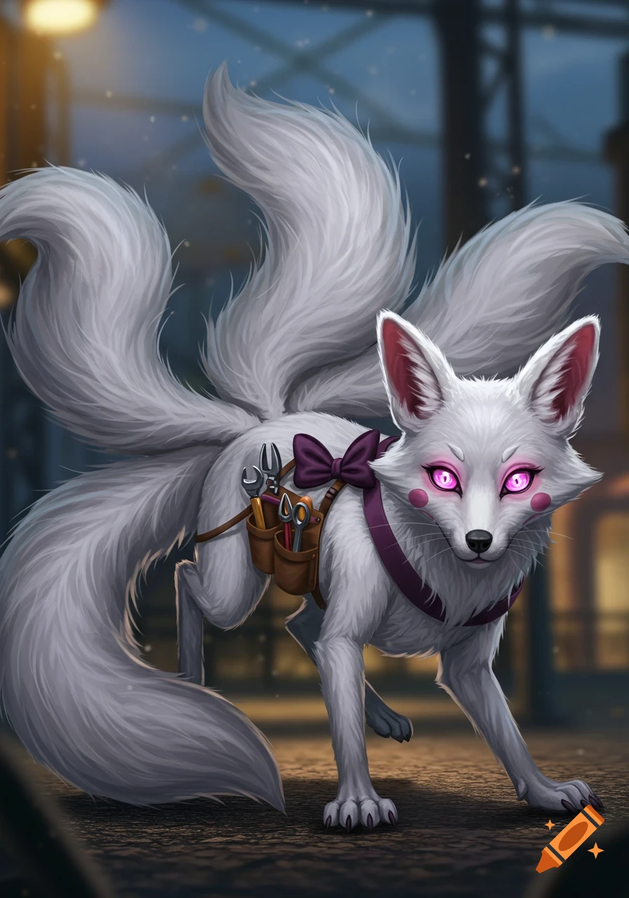 A white, multi-tailed fox-like creature with glowing pink eyes and rosy cheeks. It wears a purple harness with a bow and a brown toolbelt containing various tools. The background is a dark, blurry street at night with a distant light source, in a stylized, illustrative art style.