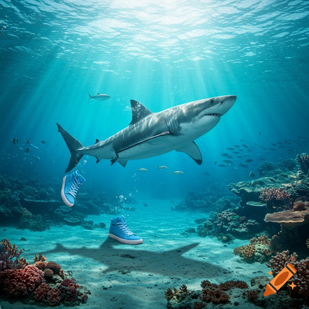 A photorealistic great white shark swims in a bright blue ocean above a coral reef, with blue high-top shoes floating and on the sandy seabed.