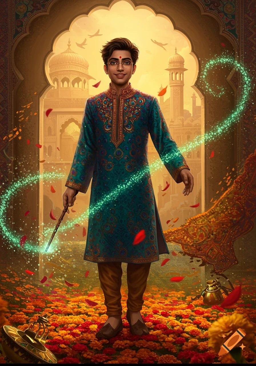 An illustrated portrait of a young Indian man with glasses, holding a glowing magic wand, standing in a flowery archway with Indian architecture.