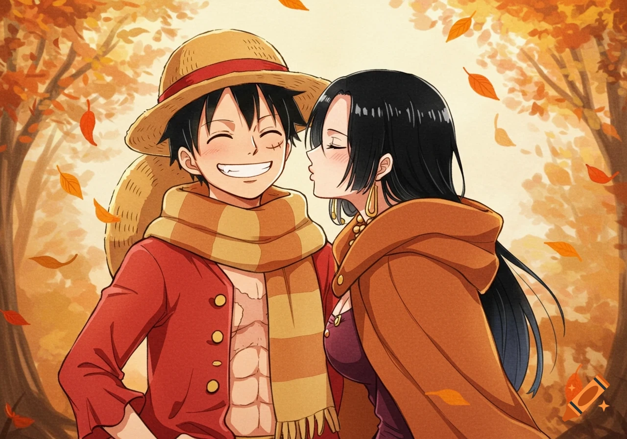 Watercolor painting of Hancock blowing a kiss to a smiling Luffy in an autumn forest with falling leaves.